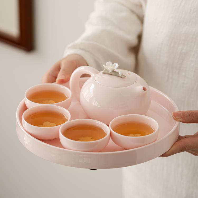 粉色手捏花茶壺茶杯功夫茶具套裝小型家用日式陶瓷羊脂玉白瓷蓋碗 全館免運