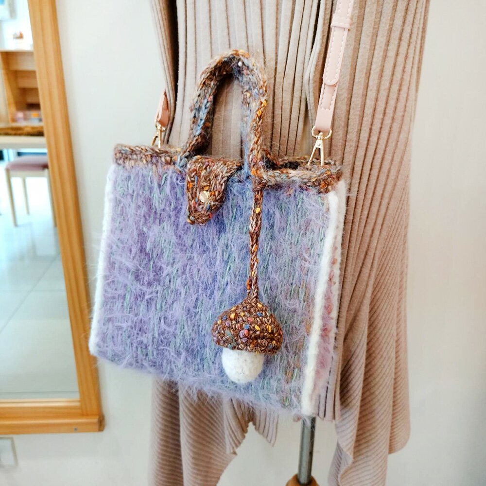 Miranda Handmadex覓品竹北手作店-毛毛編織包系列-粉紫色系-手提斜背兩用