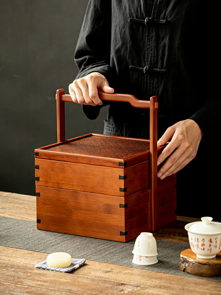 中式復古竹製食盒竹編茶具多層收納盒野餐雙層小提籃茶點提箱茶箱