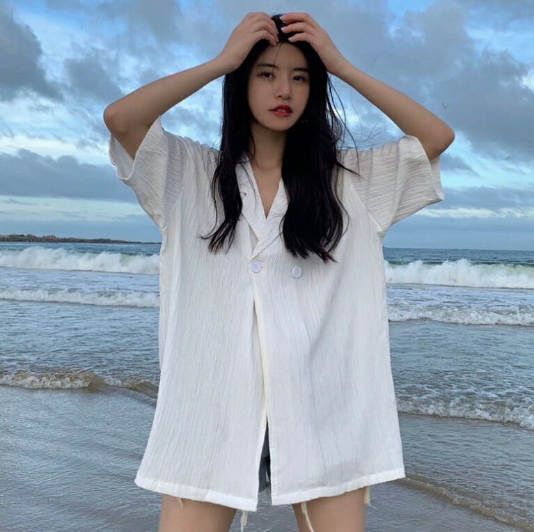 中大尺碼女裝 韓版 西裝外套 薄外套 棉麻外套 春夏純色短袖外套 女空調衫外套