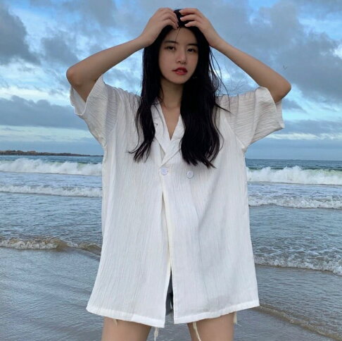 中大尺碼女裝 韓版 西裝外套 薄外套 棉麻外套 春夏純色短袖外套 女空調衫外套 0