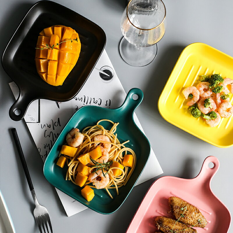北歐創意烤盤陶瓷網紅盤子家用菜盤牛排西餐意面餐盤帶手柄的餐具