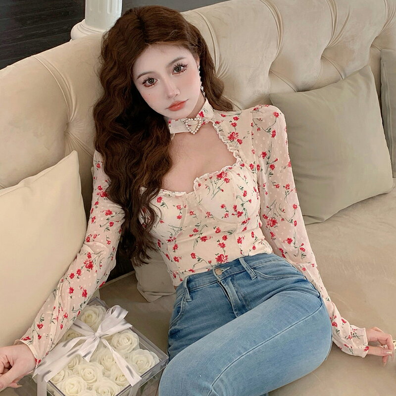 黛小姐：chic雪紡上衣女早春季設計感小眾溫柔碎花短款打底襯衫潮