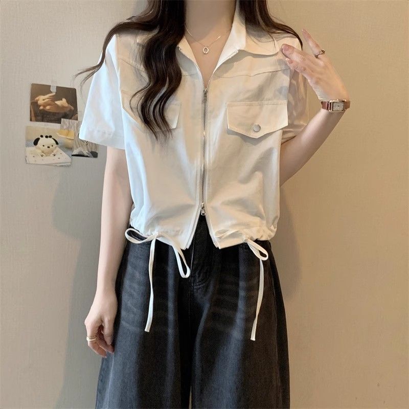 【店鋪熱銷】夏季女裝新款短款工裝襯衫女設計感小眾雙拉鏈短袖襯衣外套女上衣—貼心服飾