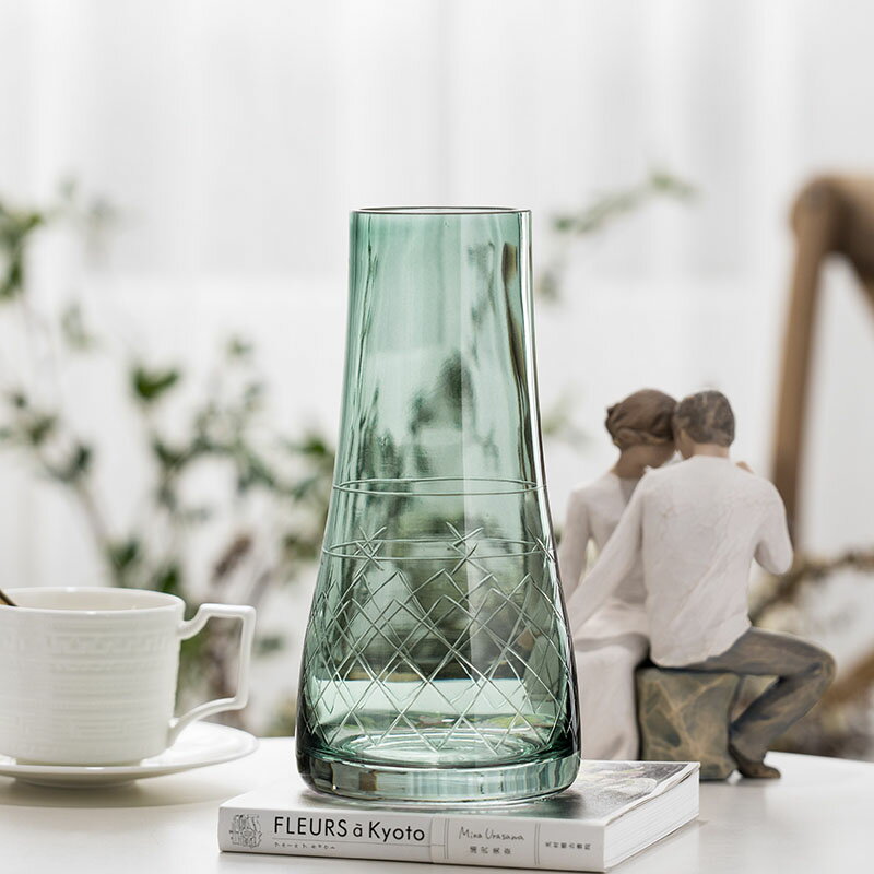 北歐手工制器雕刻創意透明玻璃花瓶擺件 客廳鮮花插花花器裝飾品