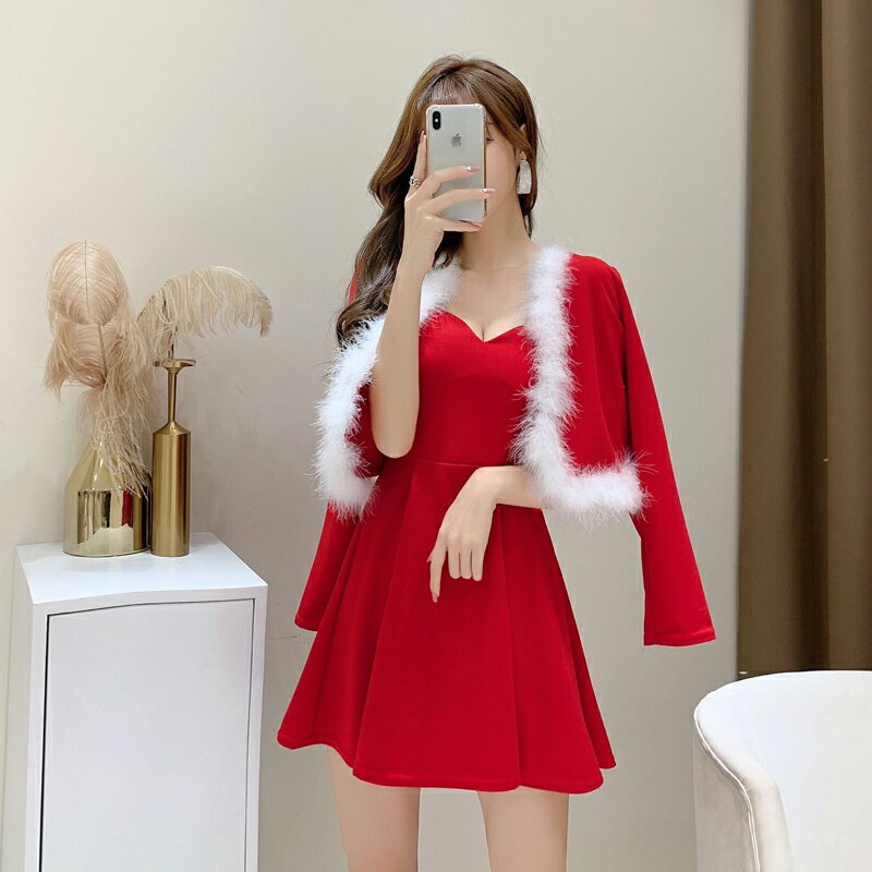 紅色圣誕兩件套2021冬季時尚開衫毛毛短外套+性感抹胸大擺連衣裙