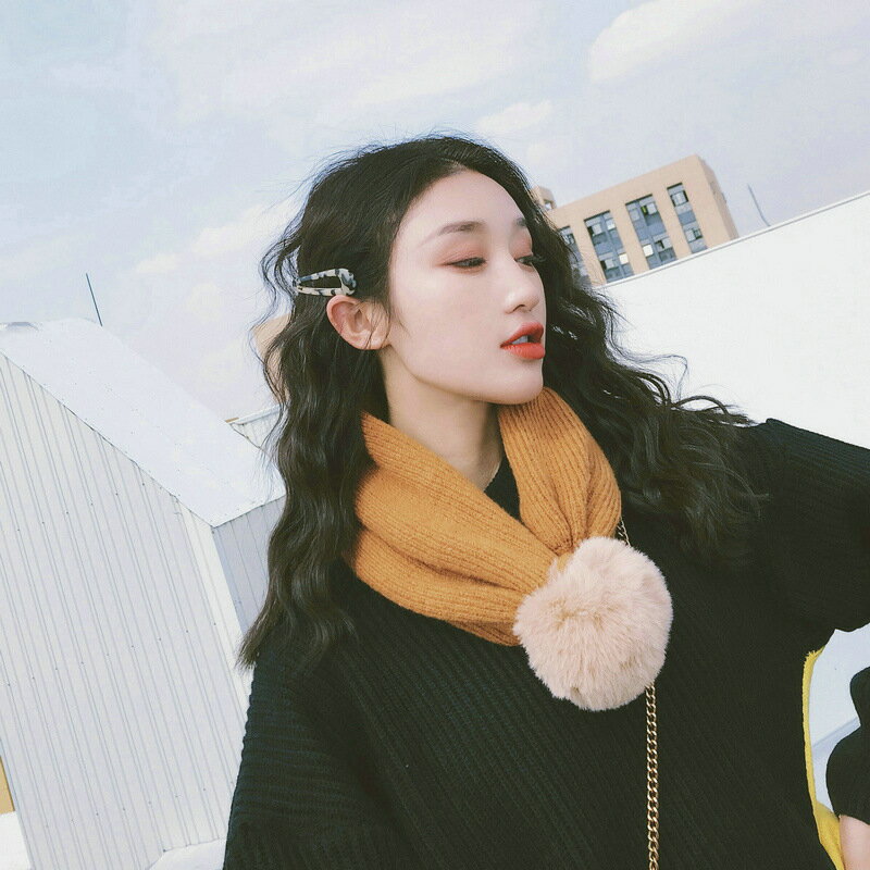 冬季女生甜美可愛大毛球球毛線針織帽子兩用保暖純色圍脖圍巾米色1入