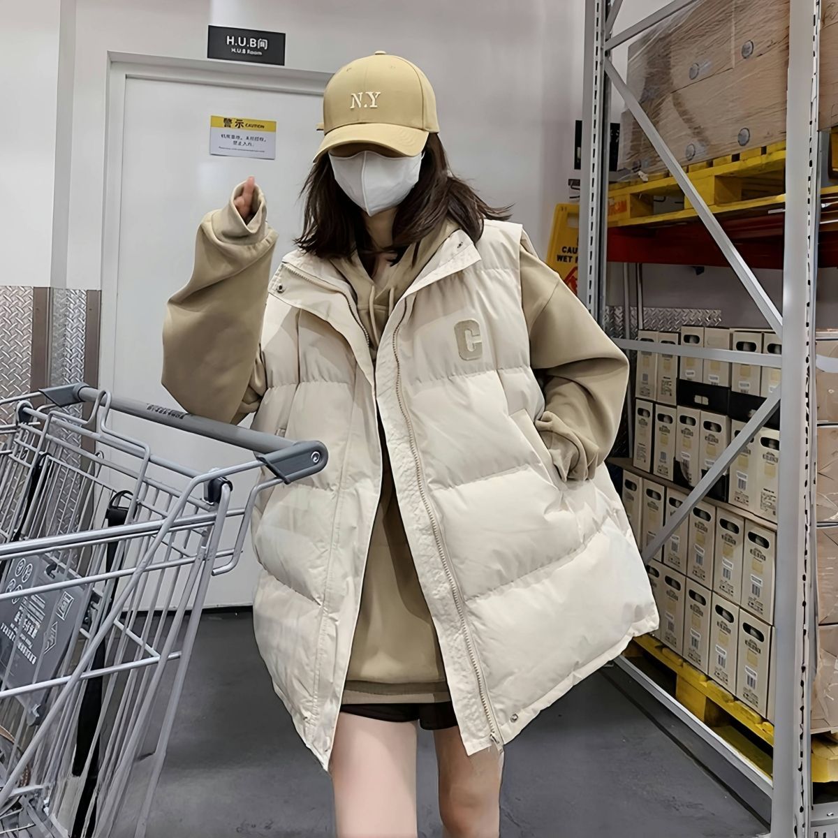 白色棉服馬甲女中長款2025春秋冬新款坎肩韓版百搭外穿羽絨服背心-享樂
