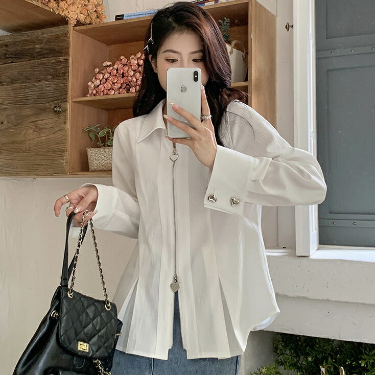 FUXI 白色襯衫女 愛心拉鏈長袖襯衫 襯衫外套 韓版翻領寬鬆襯衣 長袖上衣 女裝 衣服