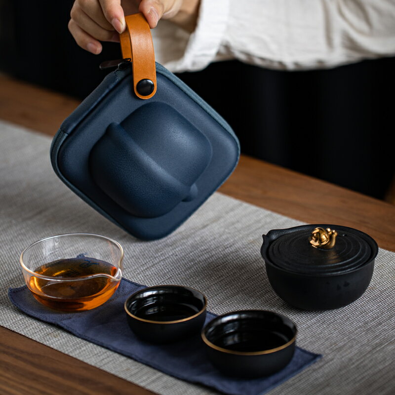 慢享創意黑色簡約現代快客杯一壺二杯陶瓷便攜式旅行茶具套裝車載