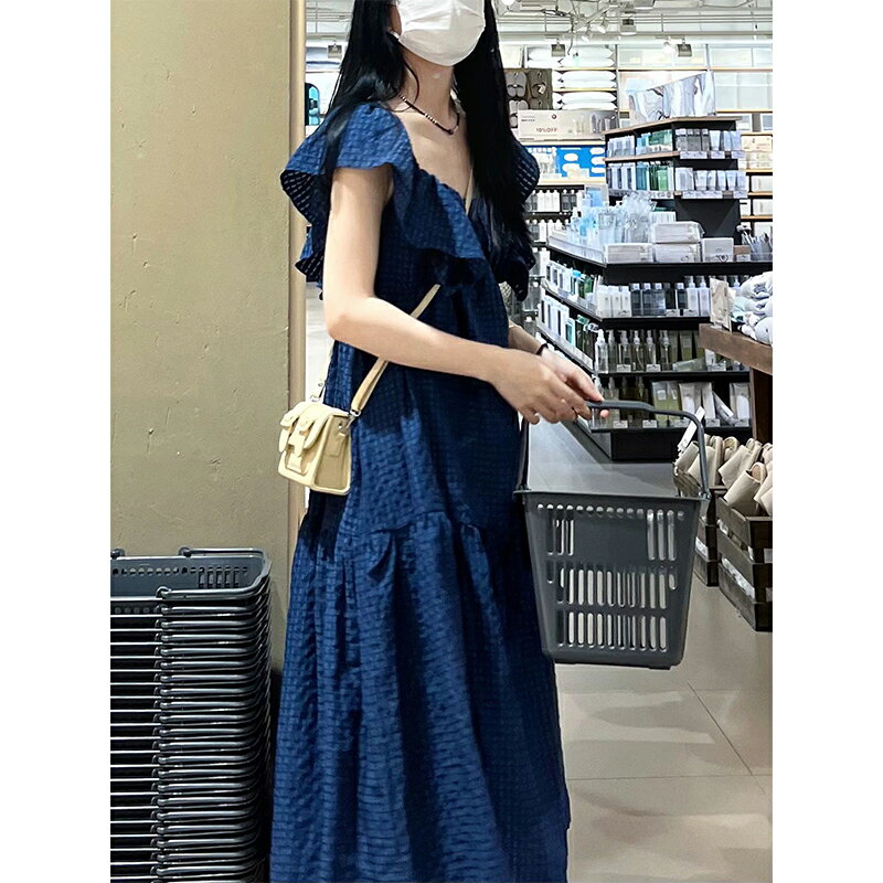 【預購商品】藍色小飛袖方領連衣裙女夏季質感高級感無袖茶歇長裙法式氣質裙子