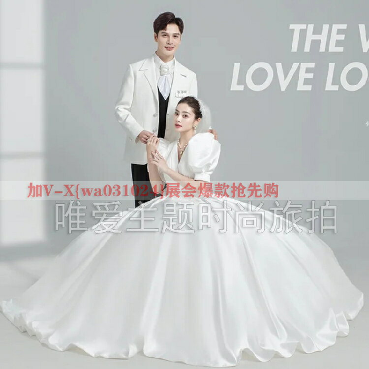 影樓展會新款高階婚紗照攝影主題禮服大拖尾簡約韓版緞面拍照白紗