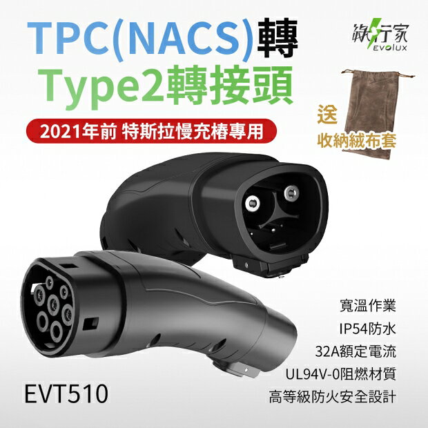 【綠行家】EVT510│特斯拉TPC(NACS)充電槍 轉 Type 2(CCS2)車端插口 轉接頭 台灣公司 國際認證