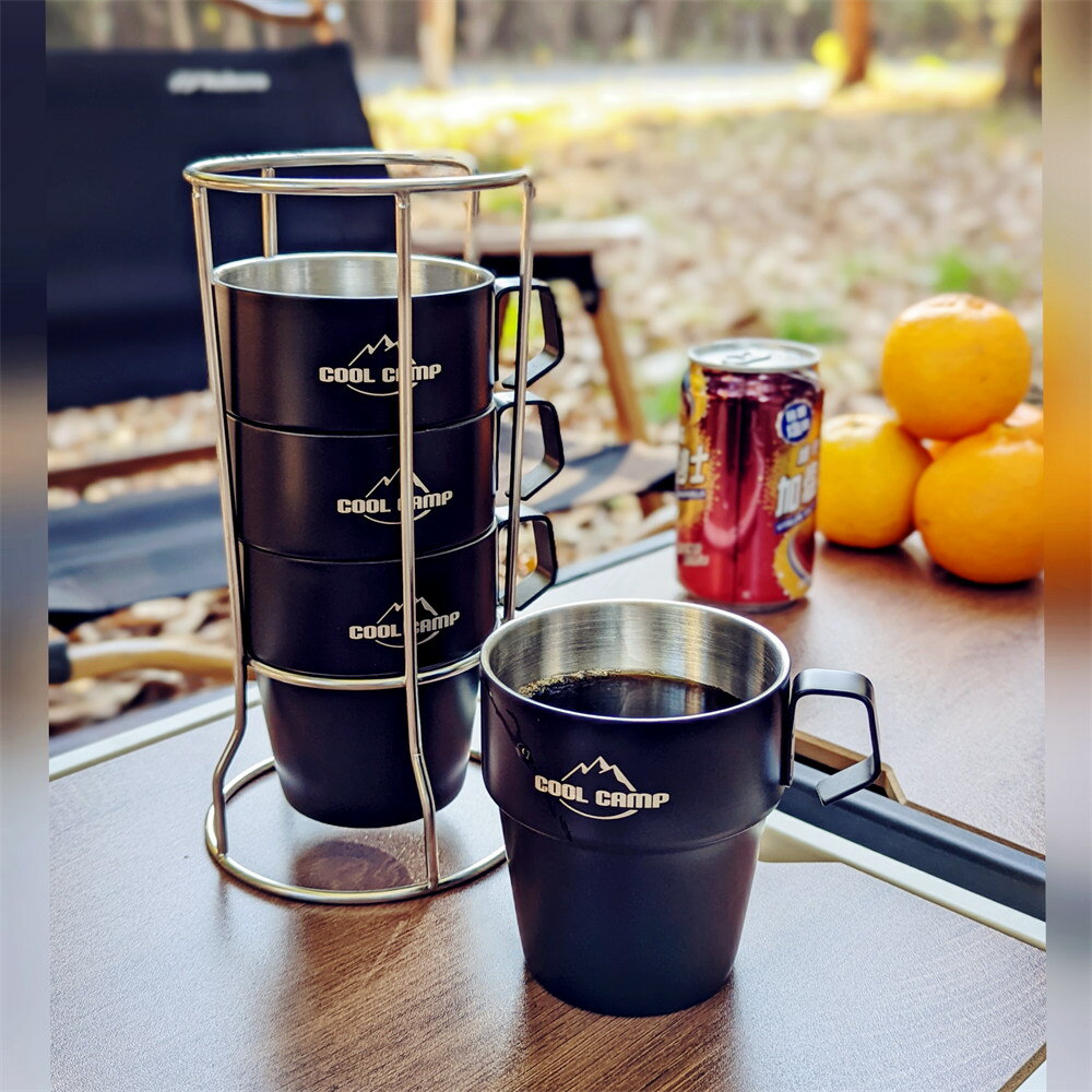 美麗大街【111032218】黑色不鏽鋼中空隔熱咖啡杯組 含民族風收納包4人分含底座 (附網袋)
