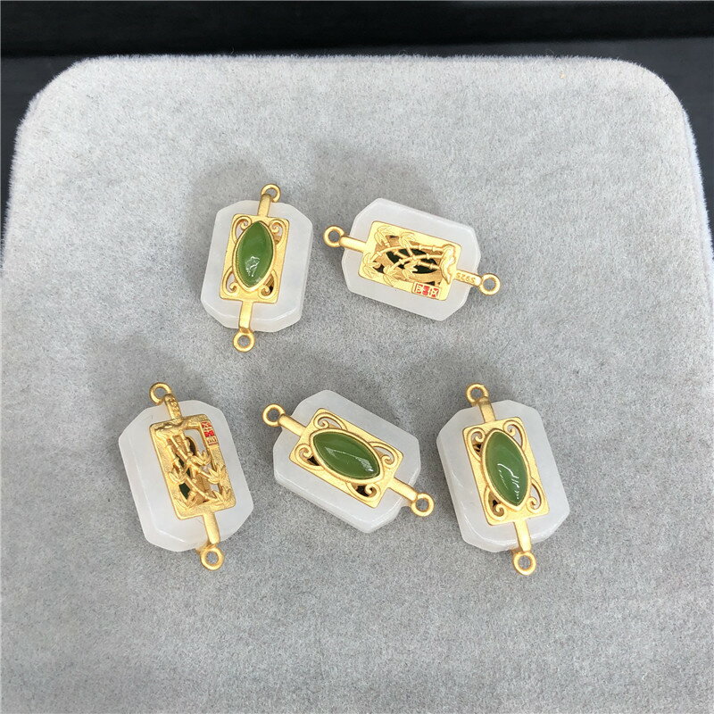 天然和田白玉純銀吊墜配件 兩頭有孔 S925銀鍍金鑲嵌22*12*8 N15
