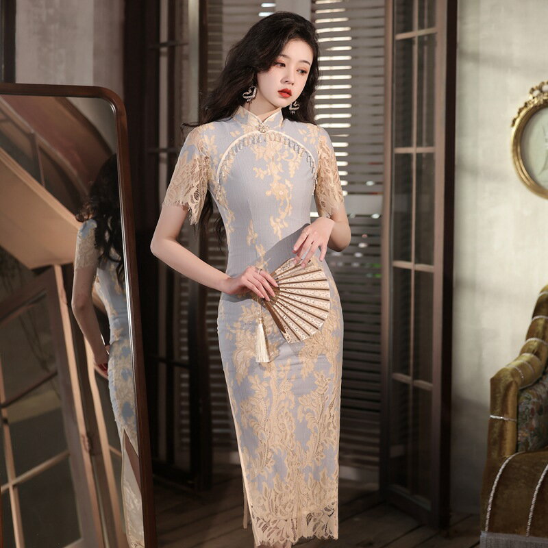 連身裙改良式旗袍-拼接蕾絲珠珠流蘇女裙子2色74cn3【獨家進口】【米蘭精品】