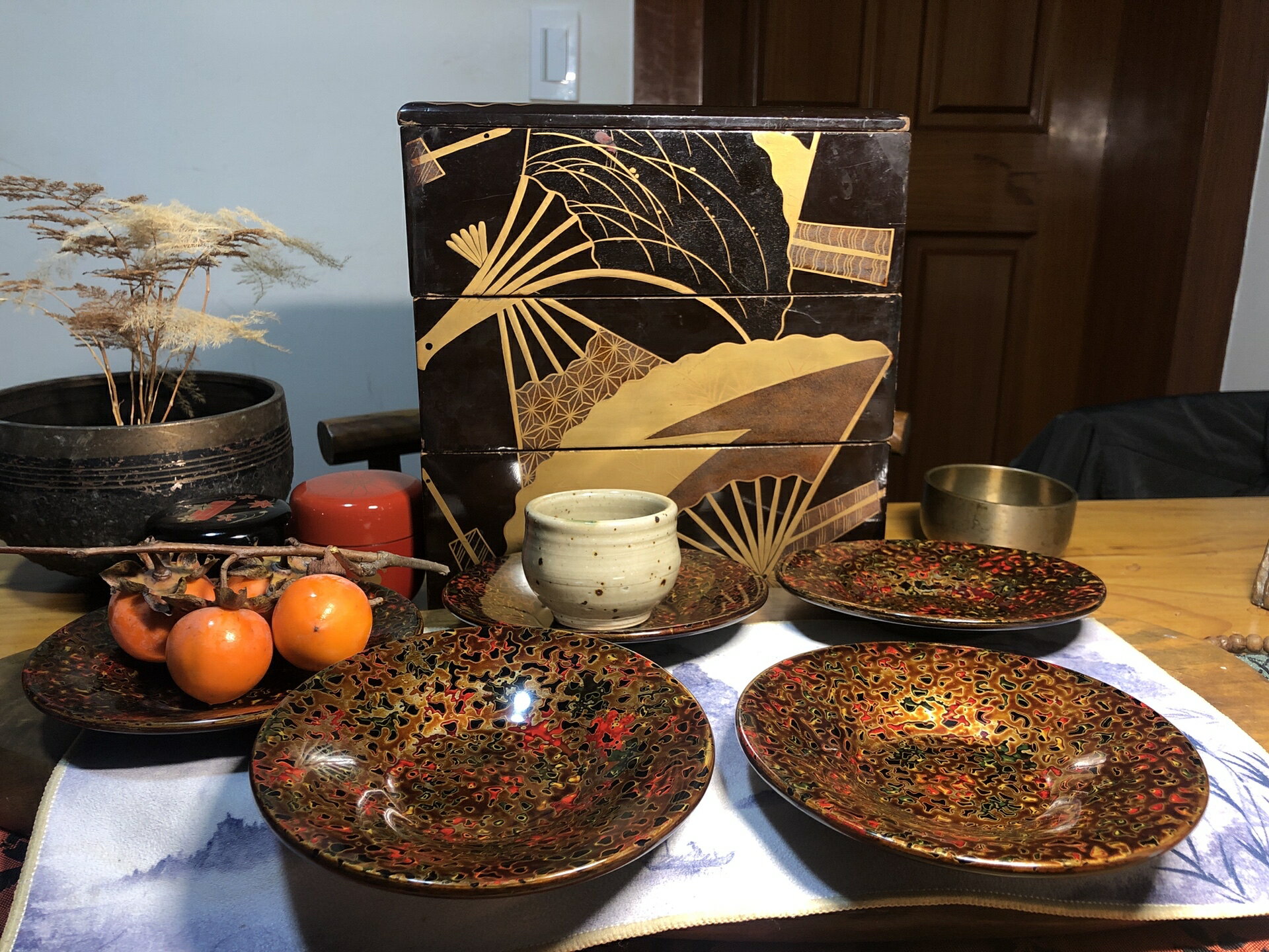 日本中古迴流津輕塗/菠蘿漆 實木一木挖大漆茶托 杯託五客裝