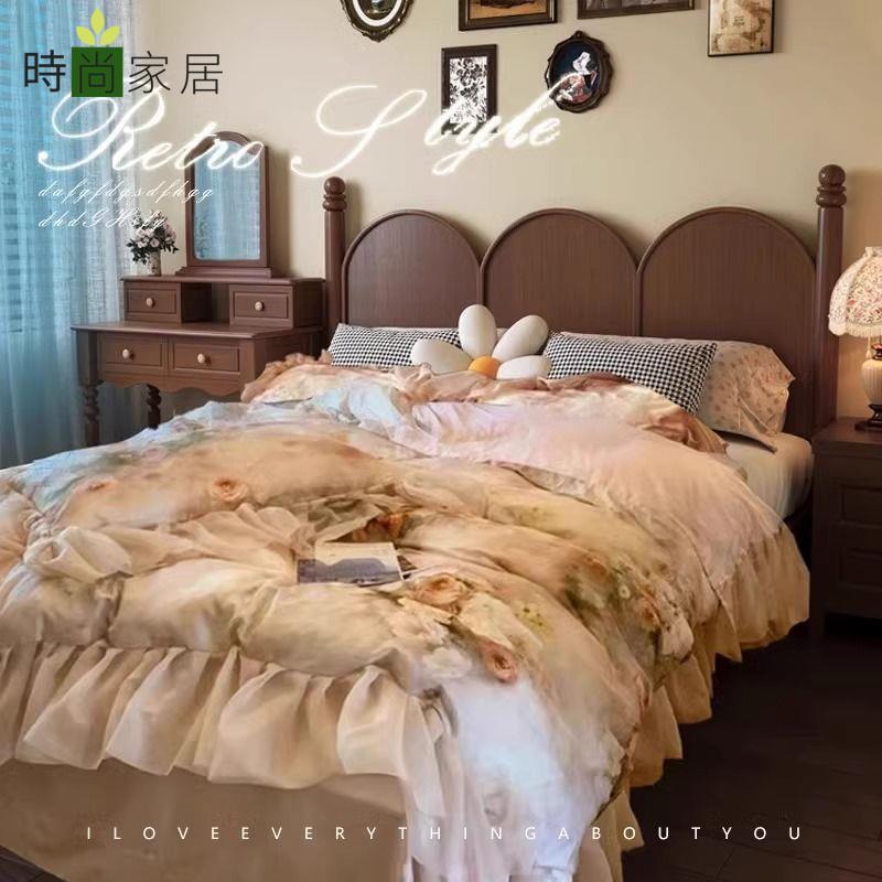 【時尚家居】實木床1.5米復古主臥雙人床 1.8米法式輕奢中古風民宿全實木床 免運 開立發票 工廠現貨