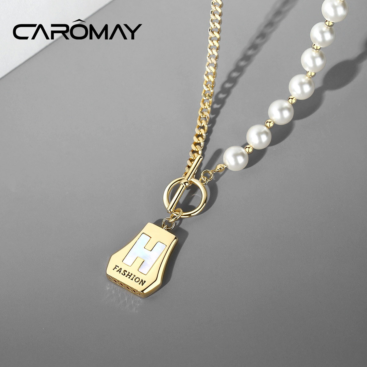 CAROMAY時尚H字母珍珠拼接項鏈女小眾設計感高級氣質鎖骨鏈頸鏈潮 1