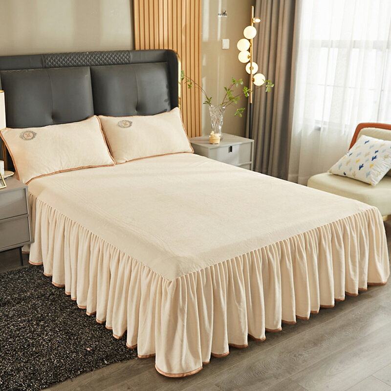 冬天加絨牛奶絨床裙式床罩單件保暖珊瑚絨法蘭絨床單純色1.8m床套