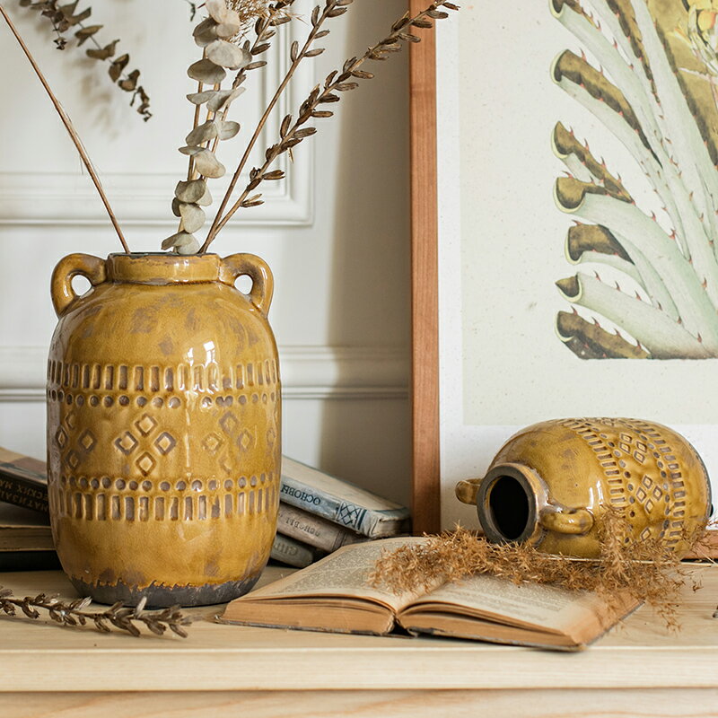 掬涵 復古風冰裂紋陶瓷花瓶花壺罐子花器裝飾擺件幾何紋飾民族