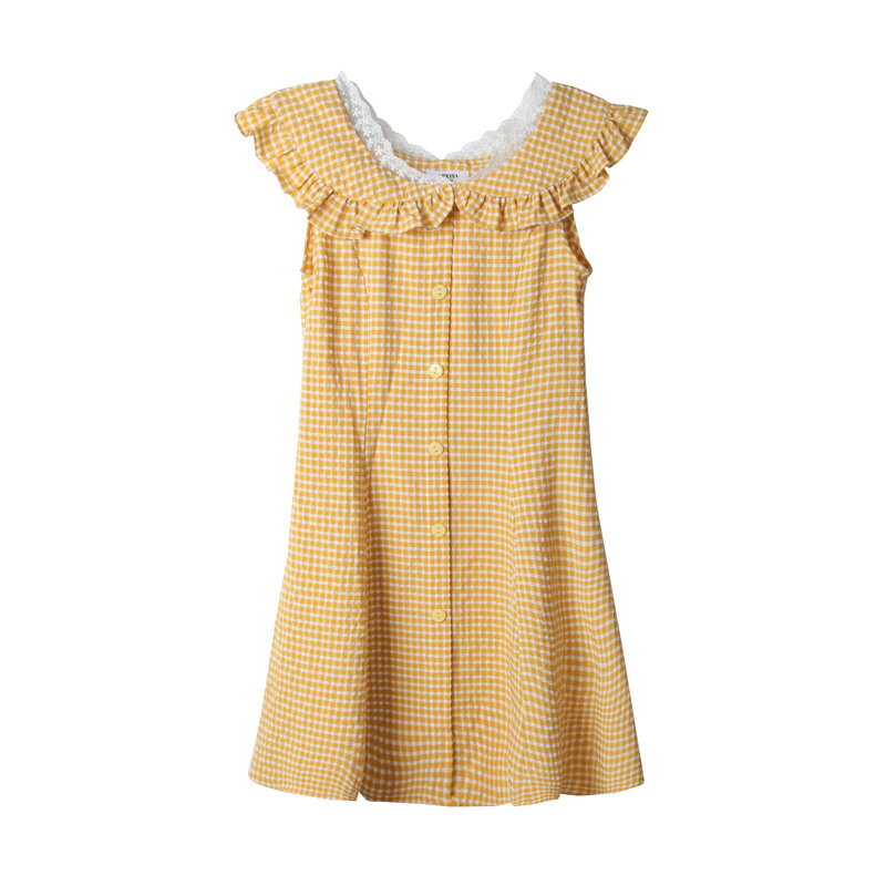 洋裝短袖連身裙-蕾絲娃娃領黃色格子連衣裙73xk20【獨家進口】【米蘭精品】