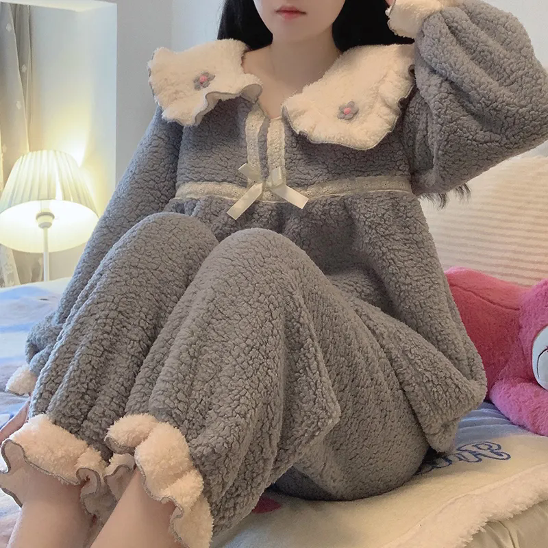 女士睡衣 娃娃領甜美居家服 公主風睡衣套裝 女冬季可愛珊瑚絨保暖家居服 宿舍可外穿睡衣 女生睡衣【不二雜貨】