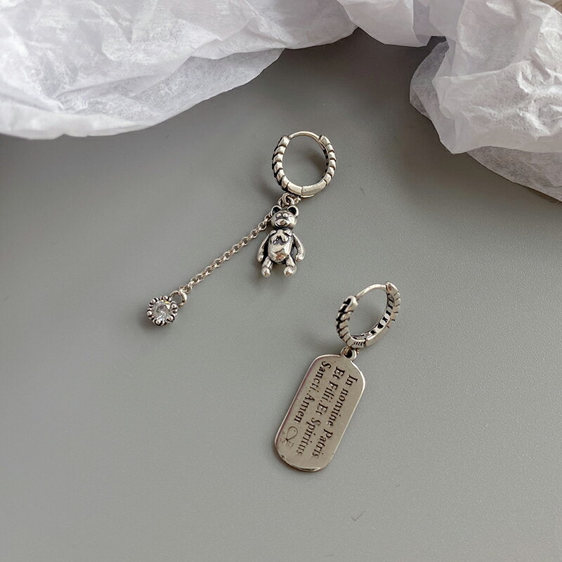 925純銀小熊耳環女年新款潮耳圈復古耳扣不對稱耳墜個性耳飾 1