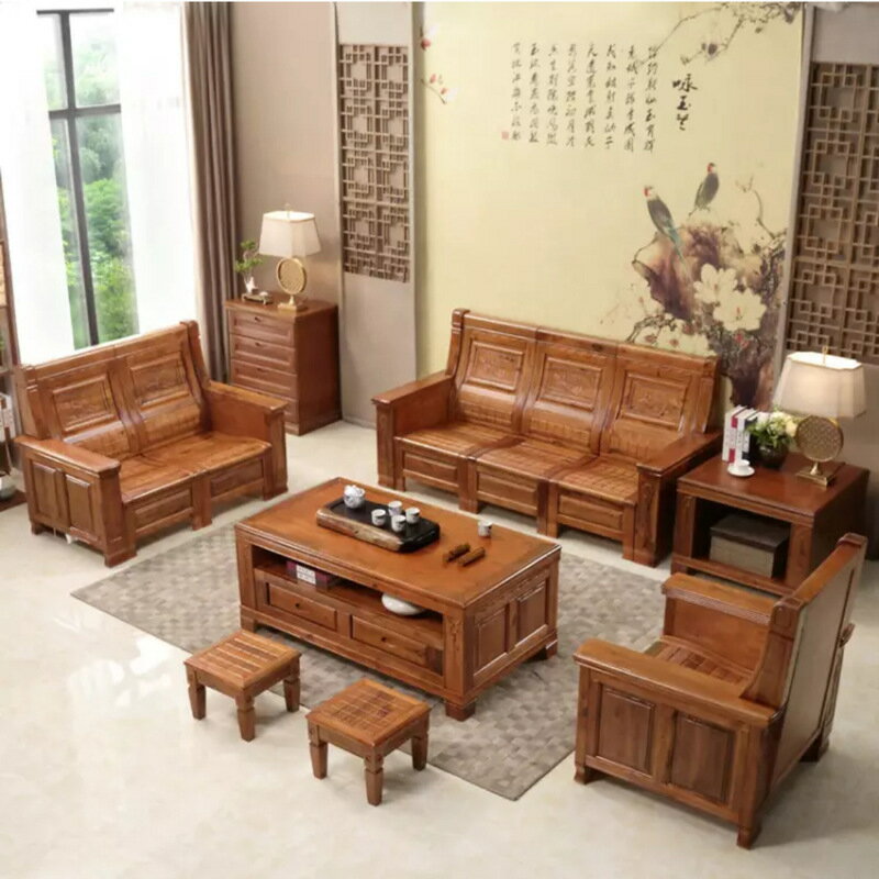 新中式1+2+3組合客廳沙發 冬夏兩用可帶墊香樟木實木沙發