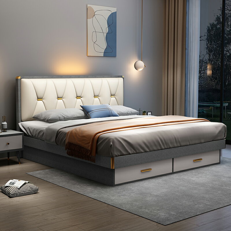 雙人床 現代簡約輕奢 實木床 1.5米 臥室家用小戶型 1.8米北歐收納儲物 雙人床