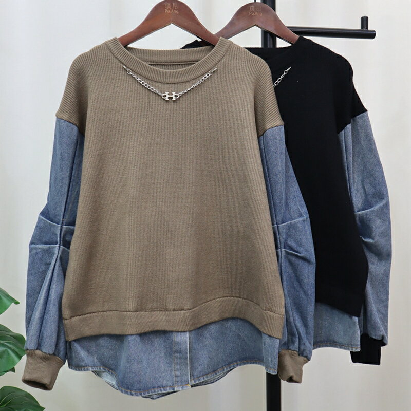 現貨+預購 針織衫長袖毛衣-牛仔拼接針織女上衣2色74jl59【獨家進口】【米蘭精品】 0