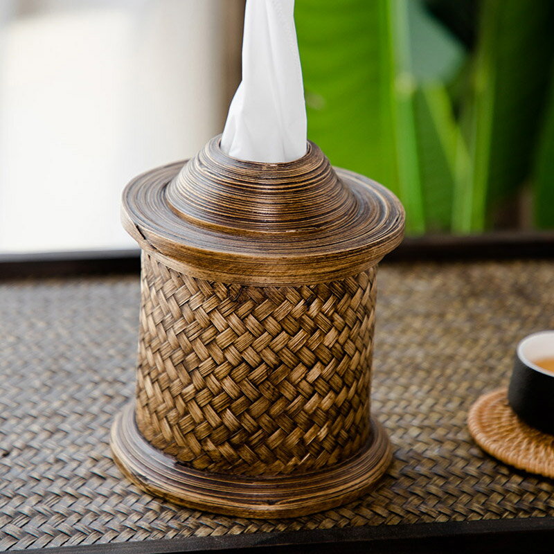 異麗東南亞竹編桌面紙巾盒泰國創意裝飾卷紙筒圓形客廳家用抽紙盒