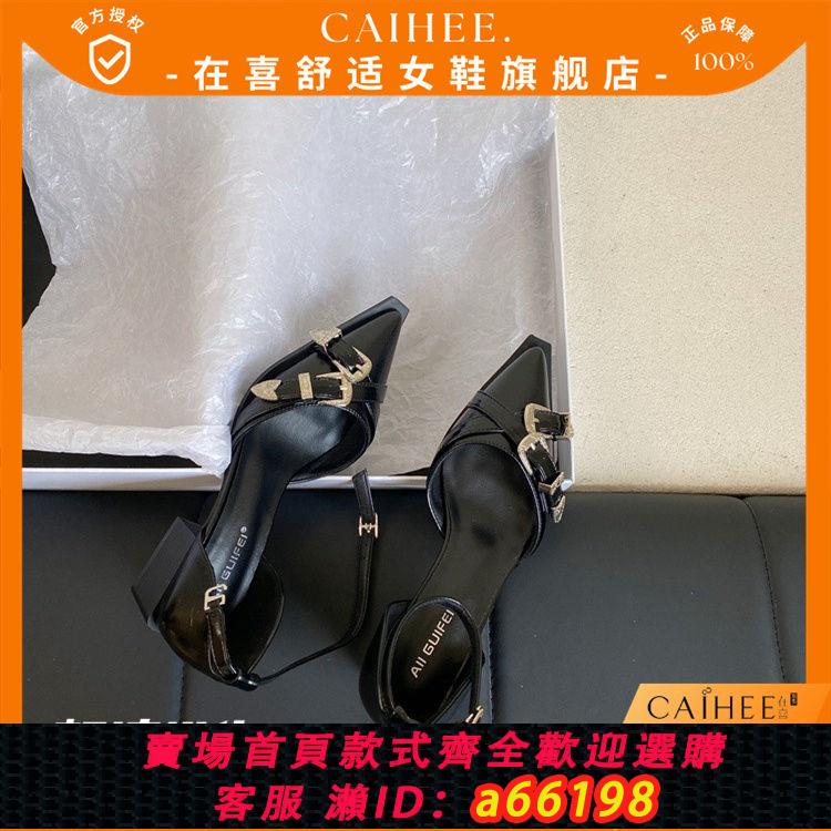 【臺灣公司 可開發票】暗黑公主~包頭涼鞋女款夏季2024新款復古黑色尖頭朋克法式低跟鞋