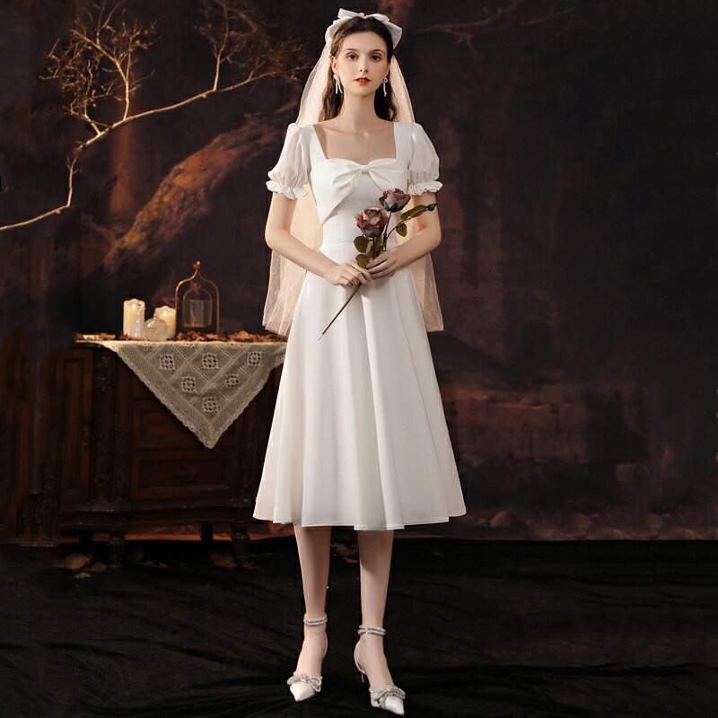 法式輕婚紗小個子簡約氣質顯瘦領證登記小白裙平時可穿緞面小禮服