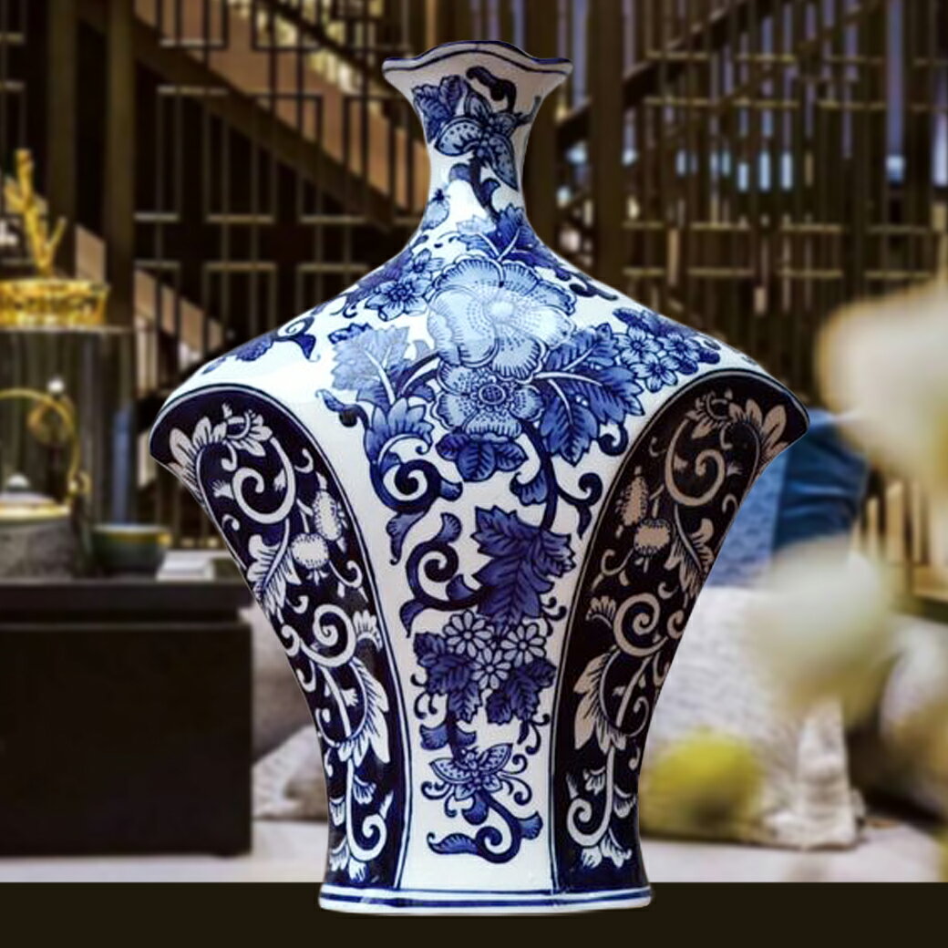 青花瓷花瓶擺件手繪創意造型古典新中式花器陶瓷裝飾品樣板房客廳