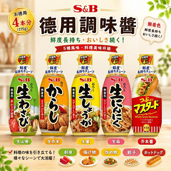 【江戶物語】日本製 S&B 愛思必 德用調味醬系列 175g 山葵醬/芥末醬/生蒜泥/生薑泥 SB 擠壓式沾醬 日本進口