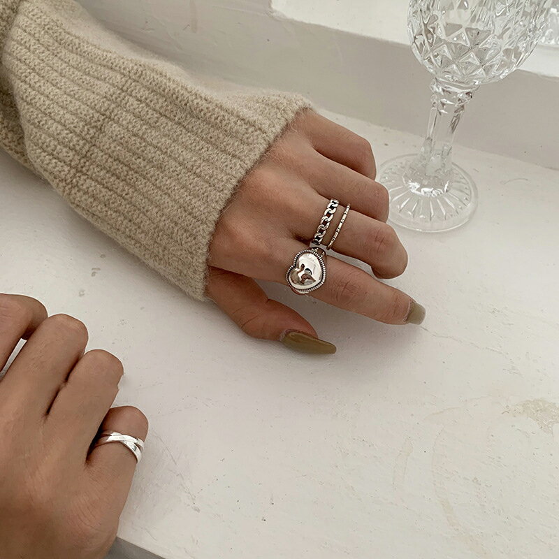戒指女s925純銀韓國新時尚個性百搭復古光板愛心鏈條食指指環