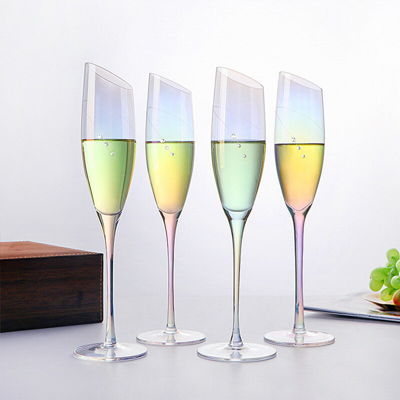 七彩鑲鉆香檳杯創意水晶玻璃高腳杯一對起泡酒杯2個禮盒結婚禮物