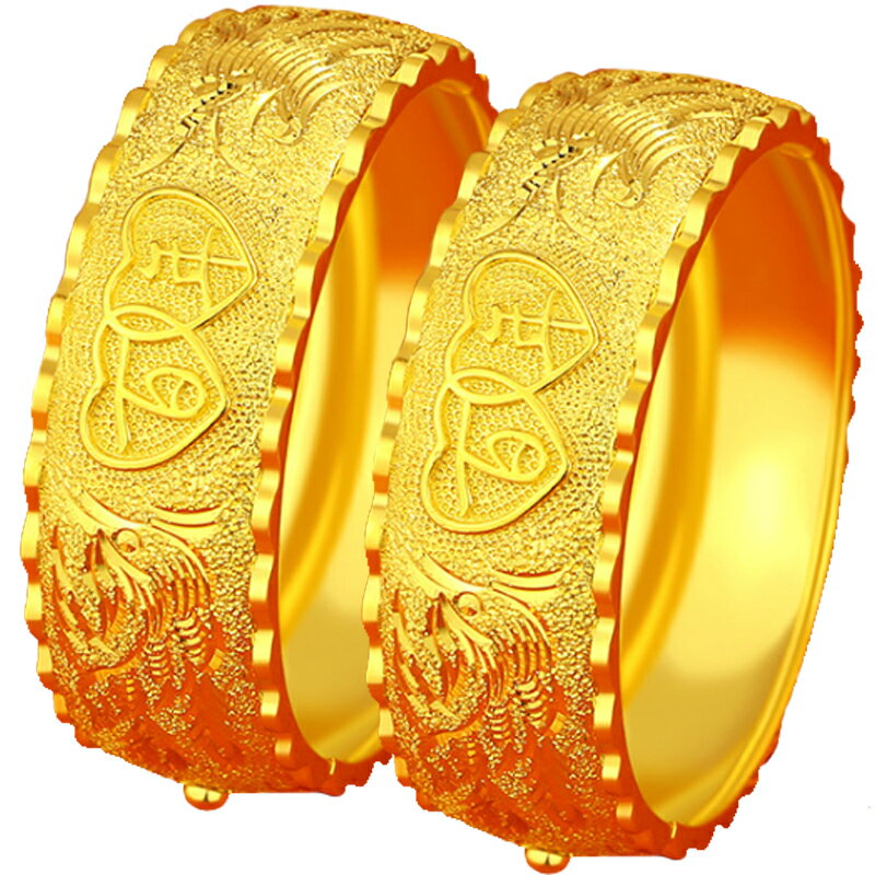 加重沙金龍鳳手鐲女中式新娘結婚三金套裝首飾模擬鍍金假黃金鐲子