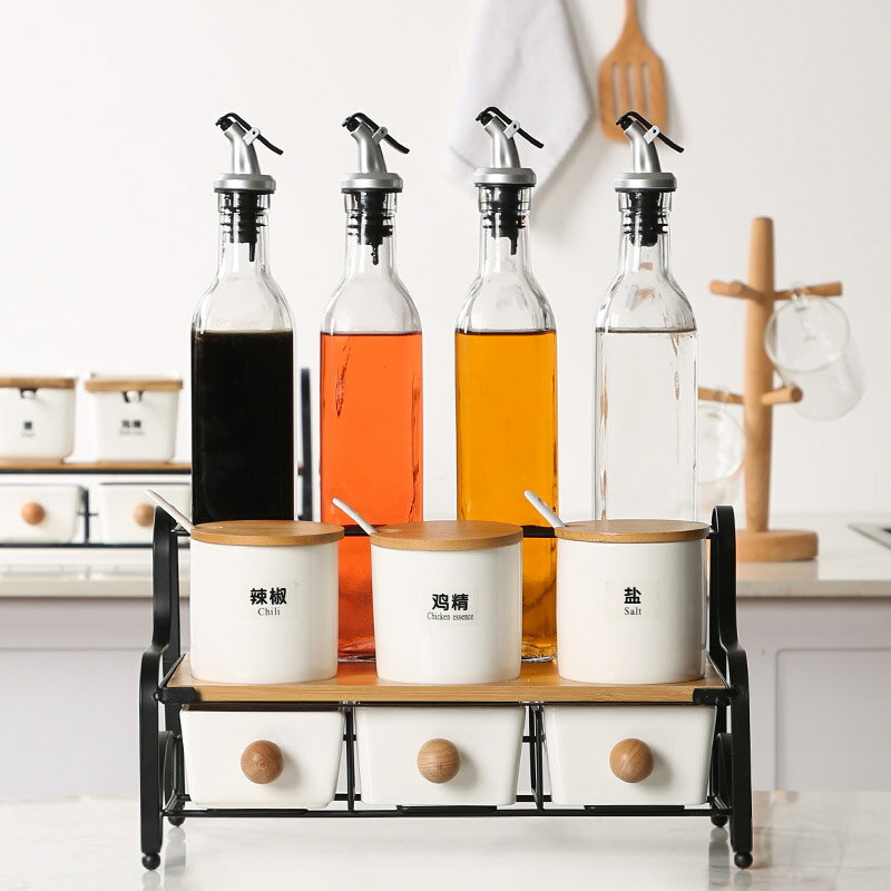陶瓷調料盒套裝廚房用品調味罐玻璃油瓶三層組合裝調味盒家用油壺