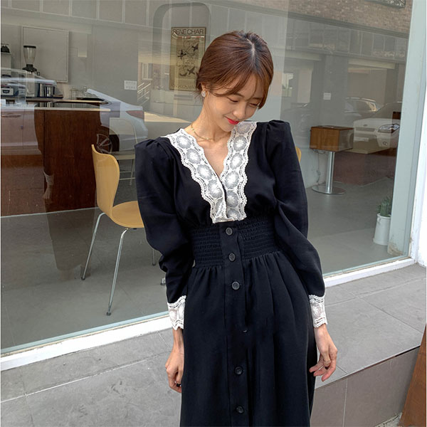 ANNA S. 正韓 V領 蕾絲 黑色 洋裝 長袖 縮腰 顯瘦 連身裙 復古 氣質 上班族 韓國690 8
