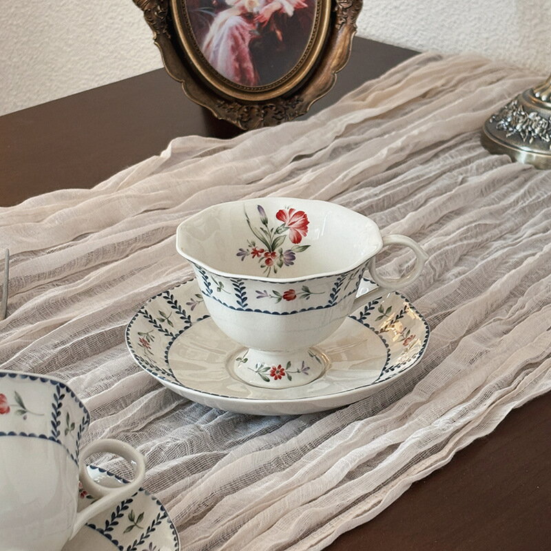 中古花卉陶瓷咖啡杯碟輕奢復古咖啡杯家用辦公喝水陶瓷杯拿鐵杯