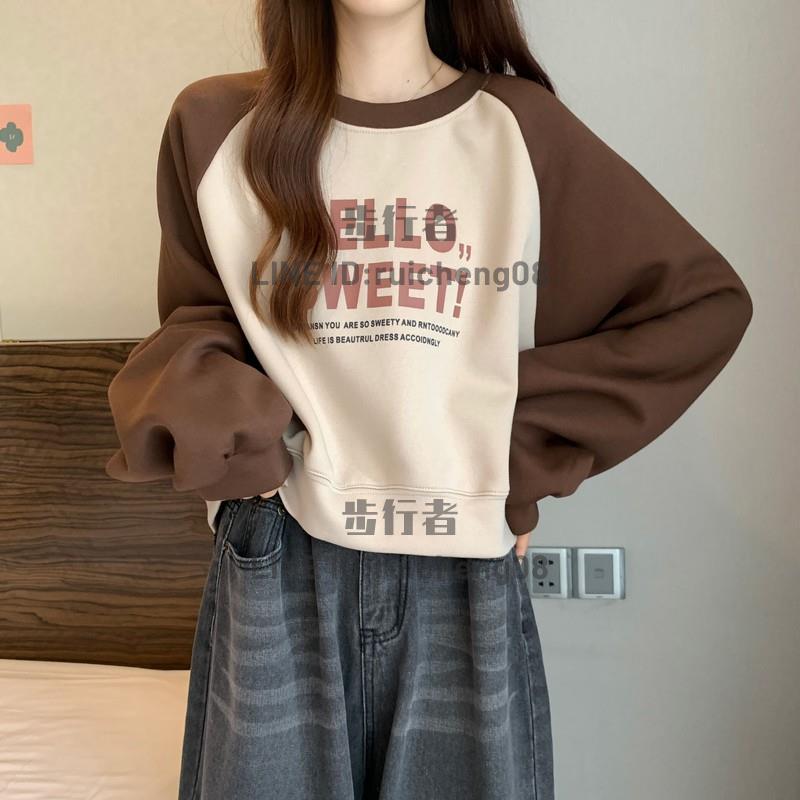 大學T美式復古插肩長袖衛衣女秋冬短款小個子寬鬆高腰正肩套頭外套上衣【步行者戶外生活館】