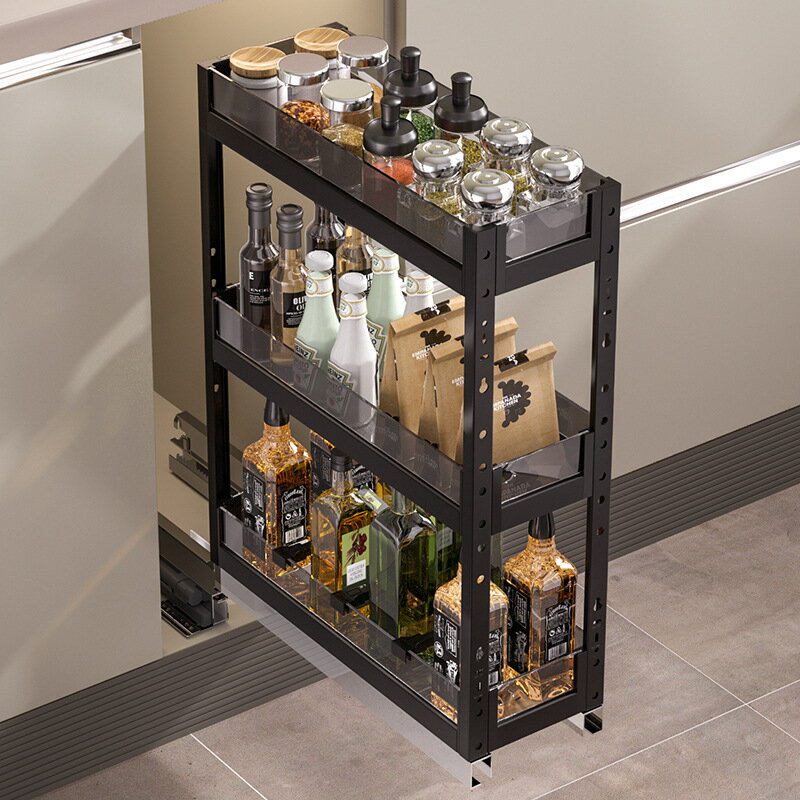 調味拉籃極窄廚房櫥櫃不銹鋼雙層抽屜式抽拉櫃內置物架小尺寸 雙11全館免運 0