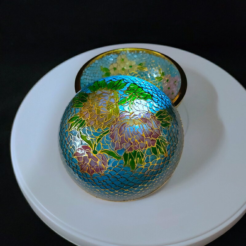 正宗老北京景泰藍粉盒純手工銅胎脫胎透明銀藍首飾盒庫存老貨擺件