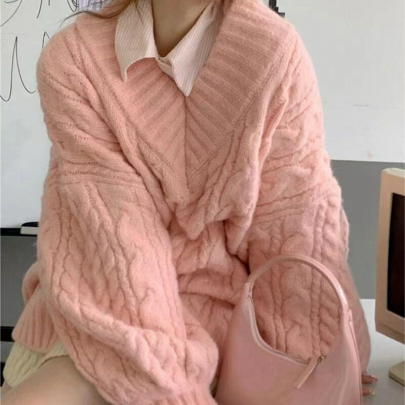 女裝 外套 韓系風 氣質上衣 韓版   韓系少女復古慵懶風V領麻花毛衣女秋冬針織衫套頭外套寬鬆春上衣 治裝激推 4