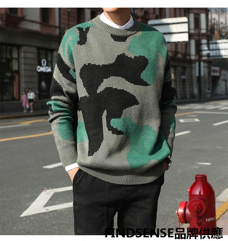 FINDSENSE品牌 秋冬款 新款 日本 男 高品質 個性 時尚 迷彩紋 毛衣 大碼 寬鬆針織衫 潮流上衣