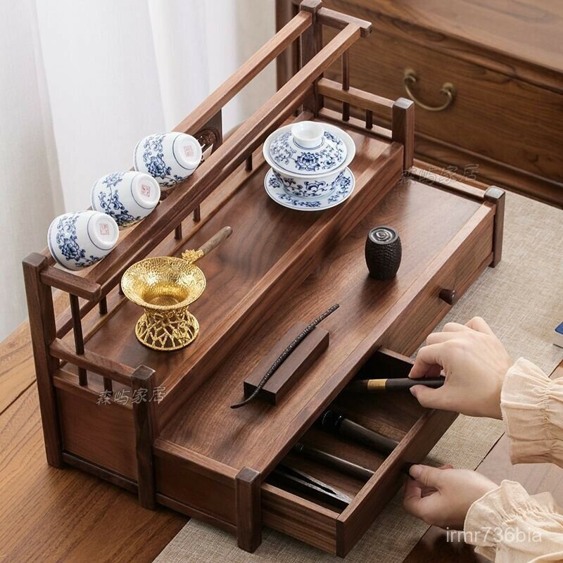 【免運 可開發票】茶具收納架 置物架 茶具收納架北美衚桃木雙層博古架中式實木茶壺紫砂茶杯瀝水置物架