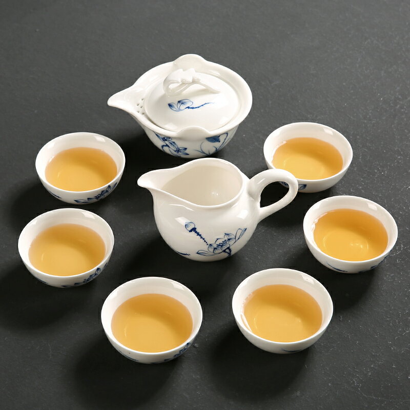 傳藝窯手繪白瓷功夫茶具套裝陶瓷蓋碗茶杯過濾網6人整套茶具家用