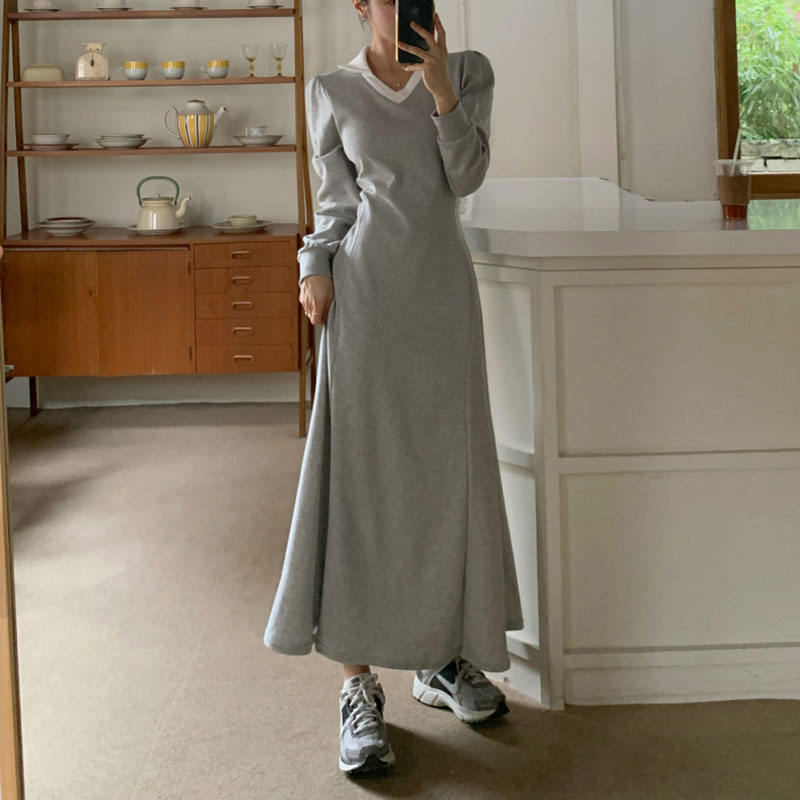 ANNAS 正韓 POLO領魚尾洋裝 顯腰身洋裝 長袖連身裙 長洋 長裙 長洋裝 襯衫 顯瘦 縮腰 文青 V領 韓國 8